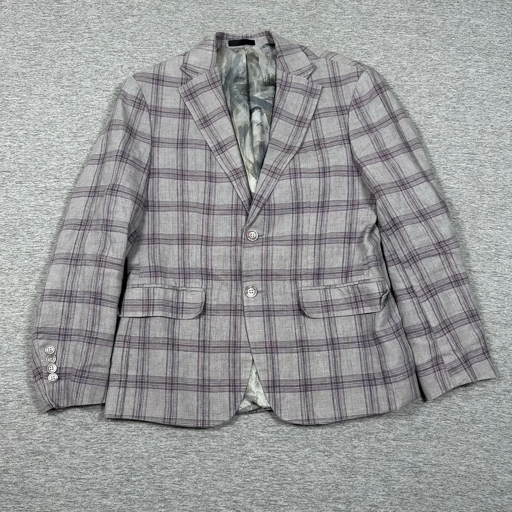 Tallia Blazer Mens Size 38S Purple Plaid 100% Linen Two Button City Jacket